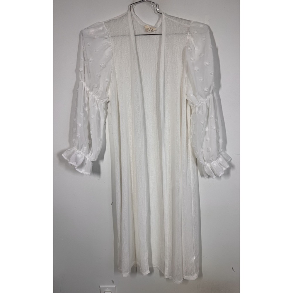 Ember White Sheer Duster Cardigan Swiss Dot Balloon Sleeve Boho Women's L Gypsy